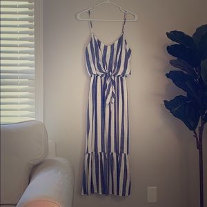 Blue and white stripped, tie front midi dress.